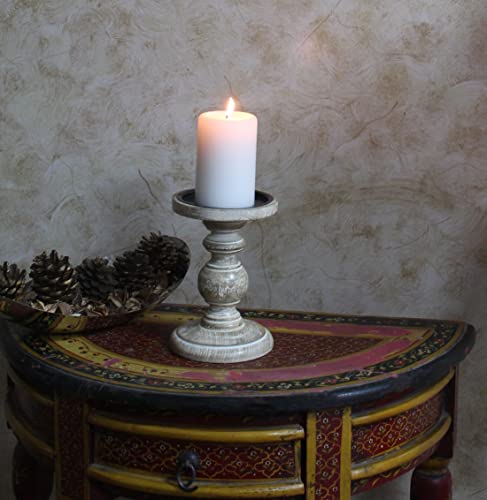 White Wooden Pillar Candle Holder Country Style 7 Inch High